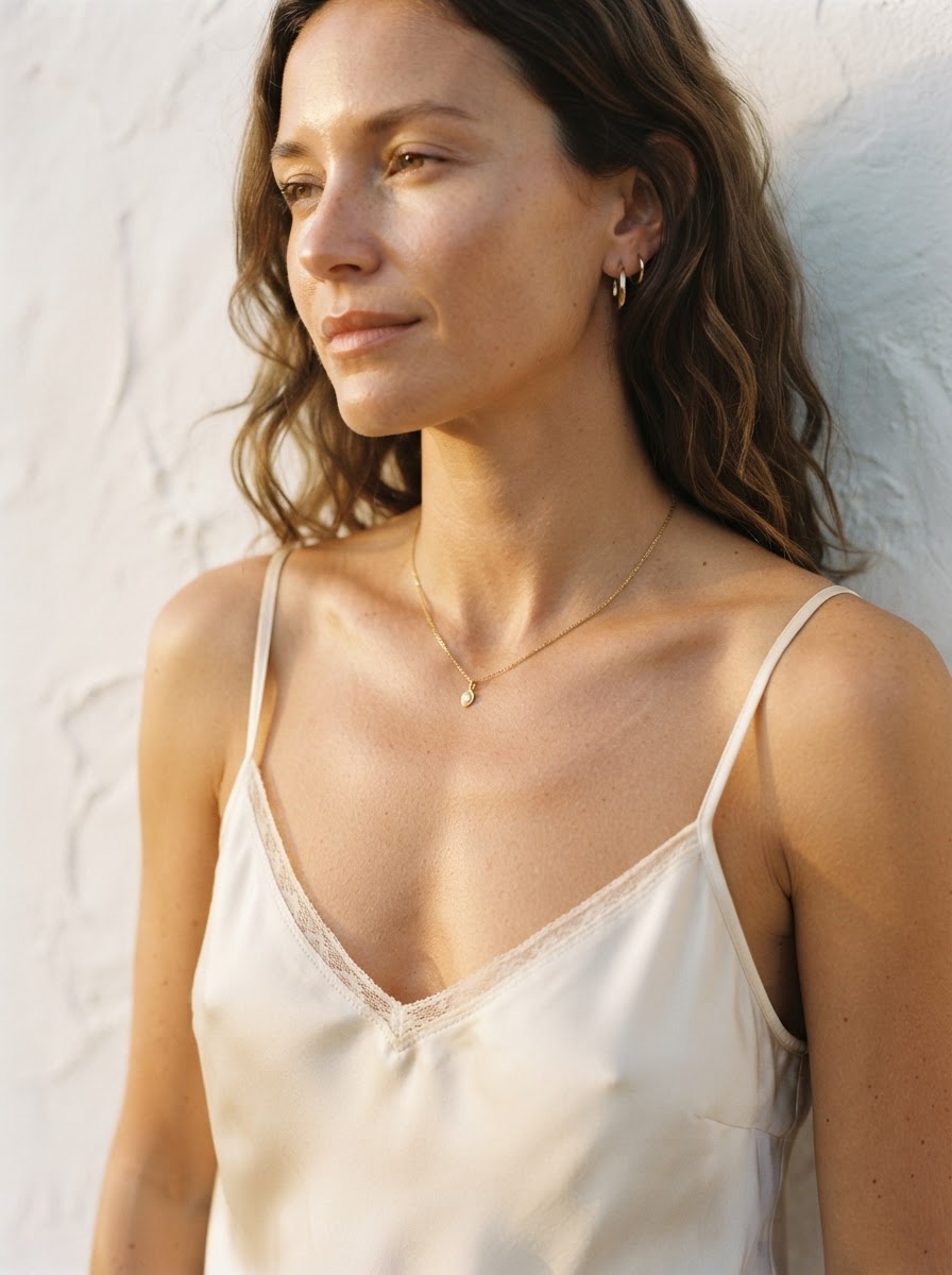 Close-up of a cream silk camisole in golden hour light