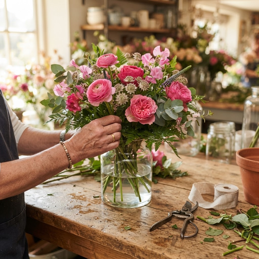 A florist arranging a fresh bouquet