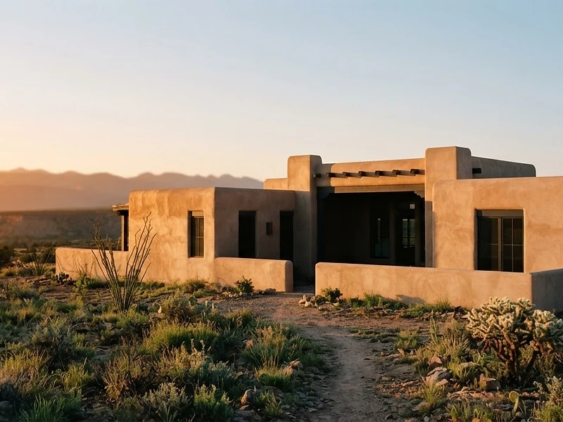 Minimalist adobe architecture in the New Mexico high desert at sunrise