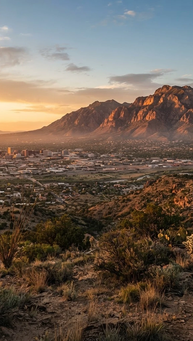 Sandia Mountains over Albuquerque at golden hour