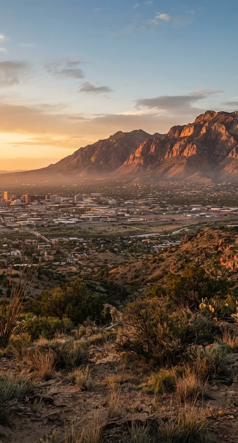 Sandia Mountains over Albuquerque at golden hour