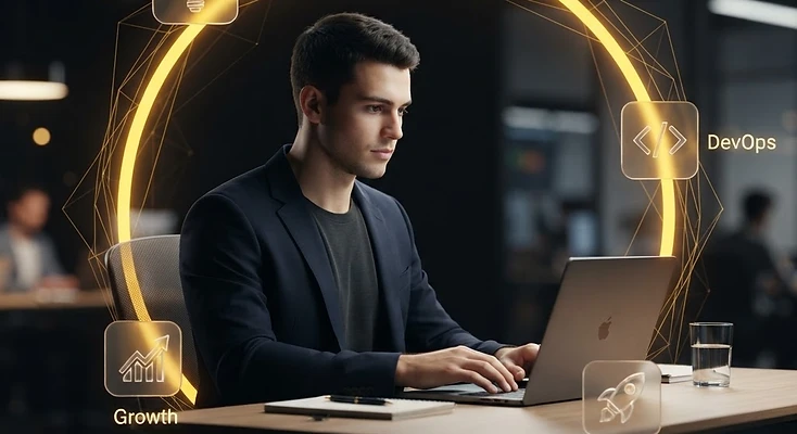 AI software entrepreneur with orbital workflow graphic