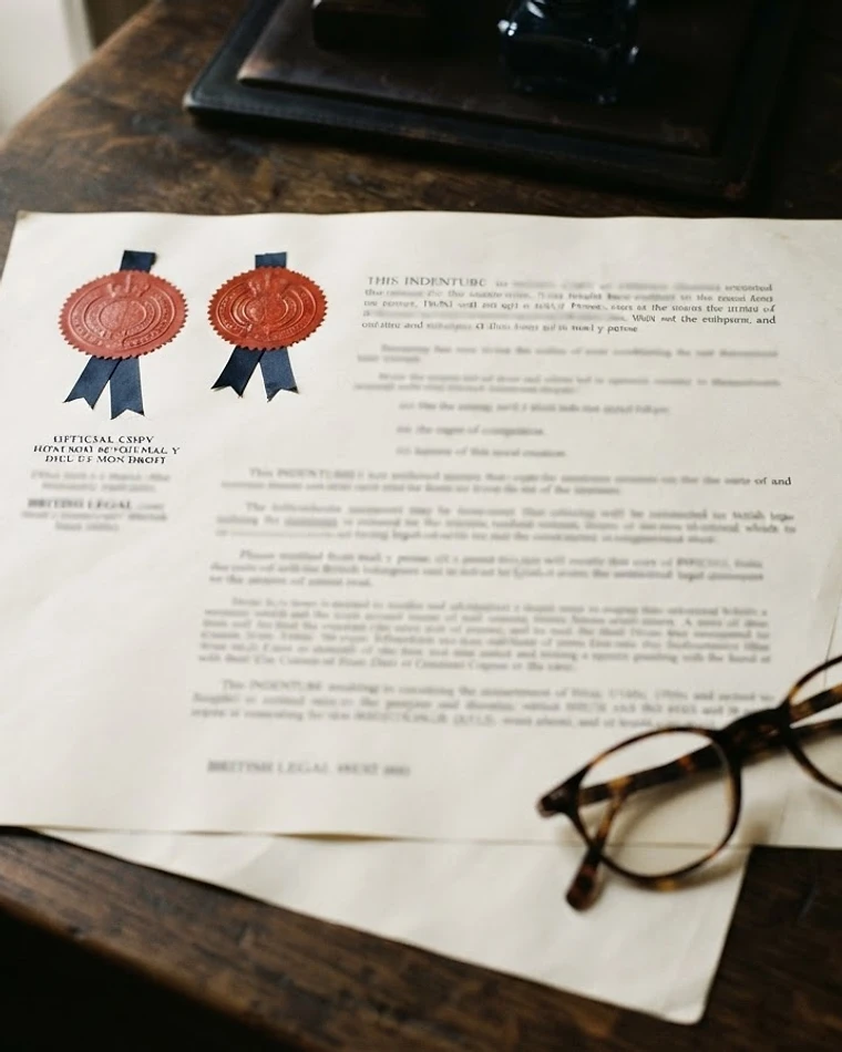 British legal document with reading glasses, editorial still life