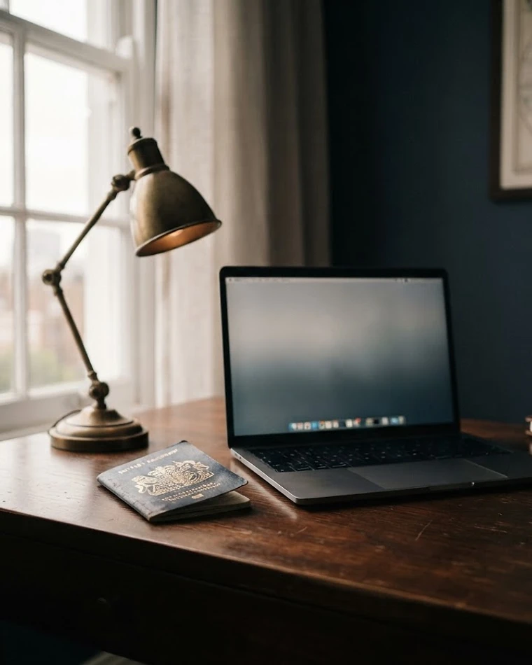 Minimalist desk with laptop, British passport and brass lamp