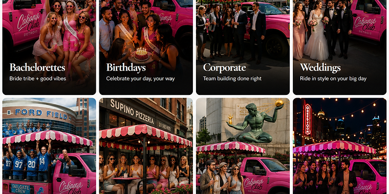 Cabana Club Detroit themes: bachelorettes, birthdays, corporate, weddings, sports, brunch, tourists, nightlife