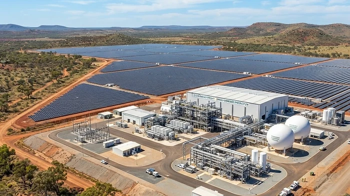 Green hydrogen production facility with solar panels