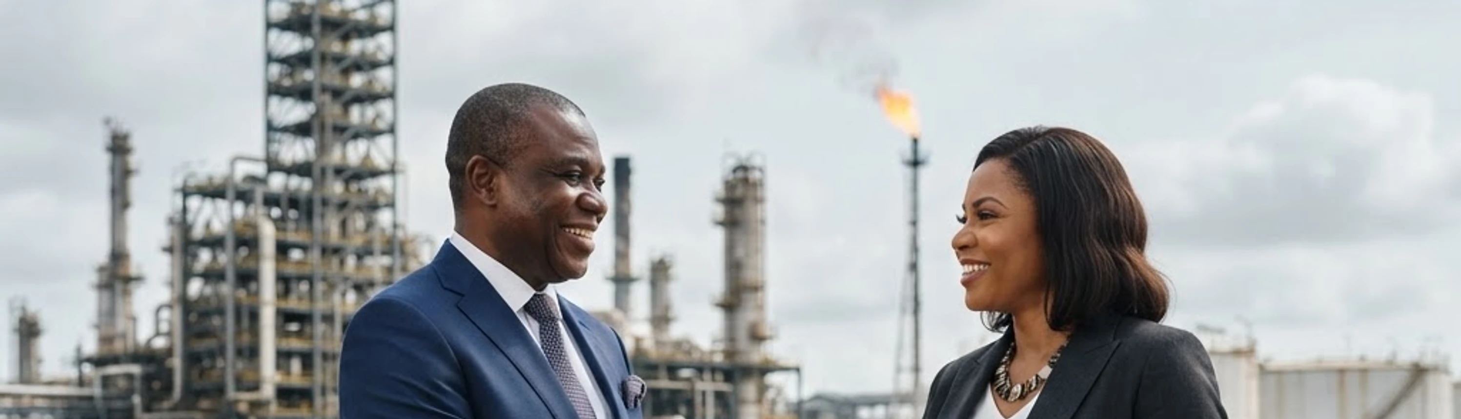 Oil and gas partnership handshake at refinery
