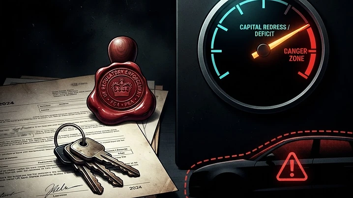 Forensic illustration of a UK bank facing a large regulatory redress liability from a motor finance commission scandal