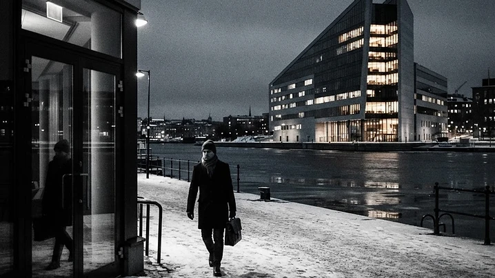 Stockholm waterfront at blue hour, Nordic noir mood