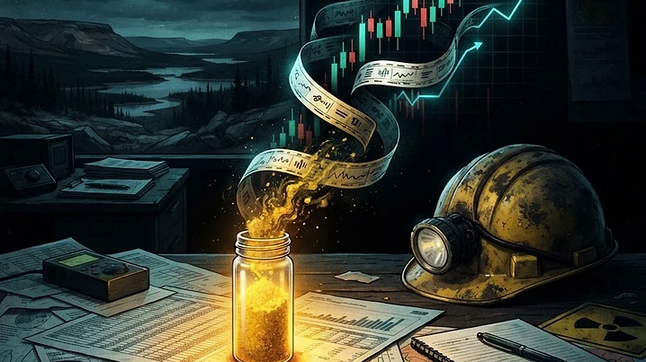 Forensic editorial illustration of a glowing yellowcake uranium core sample on a spreadsheet-covered desk dissolving into stock ticker tape and rising candlestick charts, a dusty unused mining helmet in the corner, the Athabasca basin landscape faint in the background, dark moody lighting with amber and cyan accents