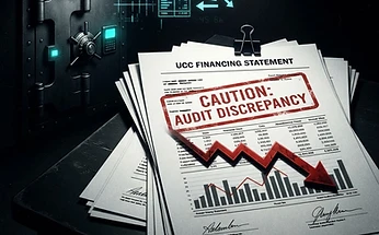Forensic illustration of a fintech lending and accounting fraud with UCC filings, loan documents, and falling stock chart