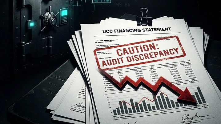 Forensic illustration of a fintech lending and accounting fraud with UCC filings, loan documents, and falling stock chart