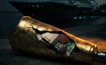 Forensic editorial illustration of a golden prosthetic leg cracking open to reveal a Russian military medal and stacks of euro bills inside, with a luxury yacht silhouette in the background, dark moody lighting with amber and cyan accents