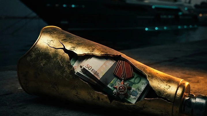 Forensic editorial illustration of a golden prosthetic leg cracking open to reveal a Russian military medal and stacks of euro bills inside, with a luxury yacht silhouette in the background, dark moody lighting with amber and cyan accents