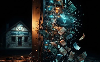 Forensic editorial illustration of server racks dissolving into scattered circuit boards and falling euro banknotes with a faint animal hospital outline in the background, dark moody lighting with amber and cyan accents