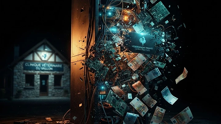 Forensic editorial illustration of server racks dissolving into scattered circuit boards and falling euro banknotes with a faint animal hospital outline in the background, dark moody lighting with amber and cyan accents
