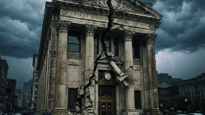 Classical stone bank building with visible crack, dark stormy sky