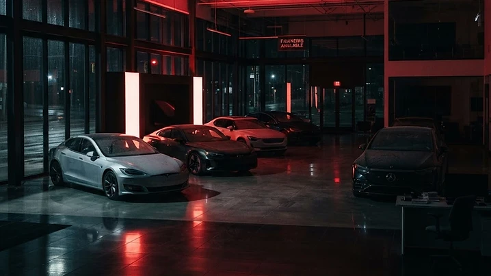 Empty electric car showroom at night with dramatic red lighting