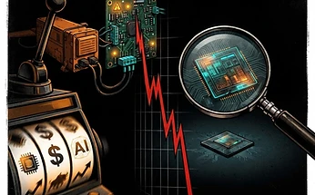 Forensic illustration of a niche industrial memory chipmaker swept up in an AI stock mania, with a casino slot machine and aircraft black box
