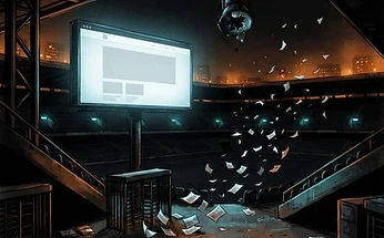 Forensic editorial illustration of an empty stadium at night with a dead spotlight, a barren glowing website landing page as a blank billboard, stacks of press release papers scattered and blowing away, dark moody lighting with amber and cyan accents