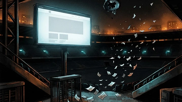 Forensic editorial illustration of an empty stadium at night with a dead spotlight, a barren glowing website landing page as a blank billboard, stacks of press release papers scattered and blowing away, dark moody lighting with amber and cyan accents