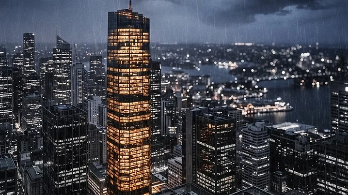 Sydney financial district skyline at dusk under a stormy sky
