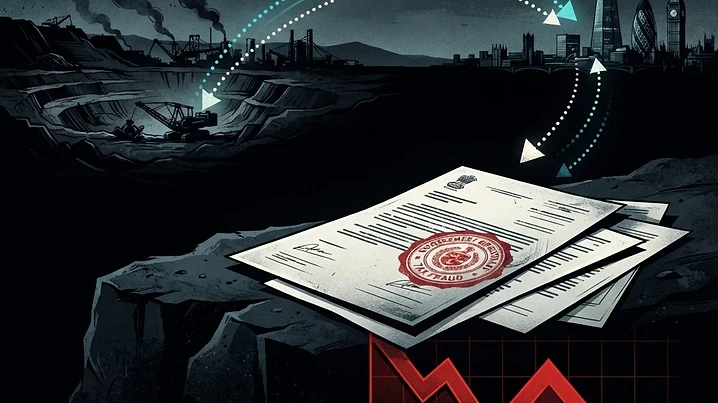 Forensic illustration of an Indian mining conglomerate raided over alleged tax fraud and offshore fund extraction