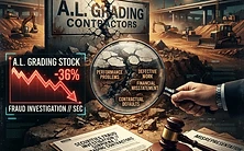Forensic editorial illustration of an infrastructure company securities fraud scandal: a giant highway construction and grading equipment site with the acquired company A.L. Grading Contractors logo cracking apart, a 36 percent stock drop arrow plunging down, a magnifying glass revealing hidden performance problems in the acquired business, a gavel and securities fraud investigation document overlay, dark moody black background with warning amber and terminal cyan accents, high contrast cinematic lighting, investigative financial journalism aesthetic
