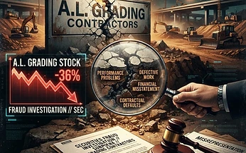 Forensic editorial illustration of an infrastructure company securities fraud scandal: a giant highway construction and grading equipment site with the acquired company A.L. Grading Contractors logo cracking apart, a 36 percent stock drop arrow plunging down, a magnifying glass revealing hidden performance problems in the acquired business, a gavel and securities fraud investigation document overlay, dark moody black background with warning amber and terminal cyan accents, high contrast cinematic lighting, investigative financial journalism aesthetic