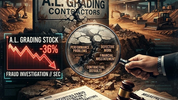 Forensic editorial illustration of an infrastructure company securities fraud scandal: a giant highway construction and grading equipment site with the acquired company A.L. Grading Contractors logo cracking apart, a 36 percent stock drop arrow plunging down, a magnifying glass revealing hidden performance problems in the acquired business, a gavel and securities fraud investigation document overlay, dark moody black background with warning amber and terminal cyan accents, high contrast cinematic lighting, investigative financial journalism aesthetic