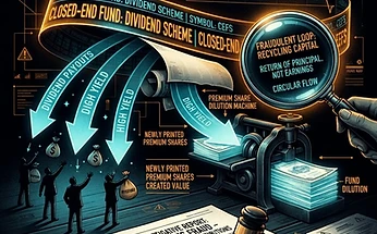 Forensic editorial illustration of a closed-end fund distribution fraud scandal: a giant Wall Street closed-end fund ticker tape with dividend distribution arrows flowing out to investors, but underneath the dividends are revealed to be funded by freshly printed premium shares being sold from a hidden printing press, a magnifying glass exposing the circular flow, a gavel and securities fraud investigation document overlay, stock ticker line dropping, dark moody black background with warning amber and terminal cyan accents, high contrast cinematic lighting, investigative financial journalism aesthetic
