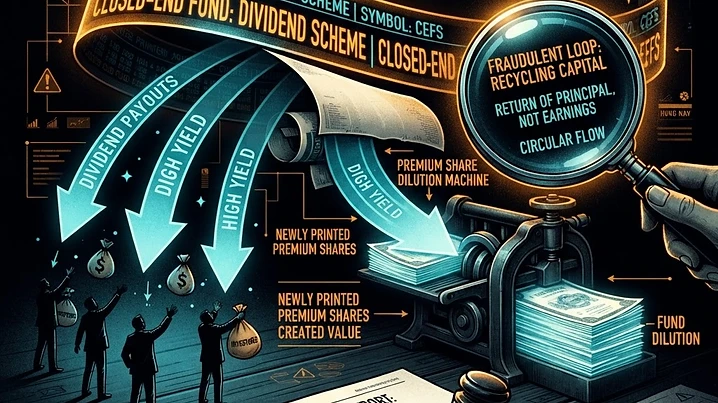 Forensic editorial illustration of a closed-end fund distribution fraud scandal: a giant Wall Street closed-end fund ticker tape with dividend distribution arrows flowing out to investors, but underneath the dividends are revealed to be funded by freshly printed premium shares being sold from a hidden printing press, a magnifying glass exposing the circular flow, a gavel and securities fraud investigation document overlay, stock ticker line dropping, dark moody black background with warning amber and terminal cyan accents, high contrast cinematic lighting, investigative financial journalism aesthetic