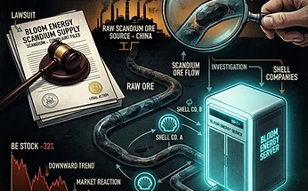 Forensic editorial illustration of a clean energy supply chain scandal: a glowing solid oxide fuel cell Bloom Energy server with a hidden pipeline of raw scandium ore flowing from a shadowy Chinese factory through intermediary shell companies, a magnifying glass revealing the concealed sourcing, a gavel and class action legal document overlay, stock ticker line dropping, dark moody black background with warning amber and terminal cyan accents, high contrast cinematic lighting, investigative financial journalism aesthetic