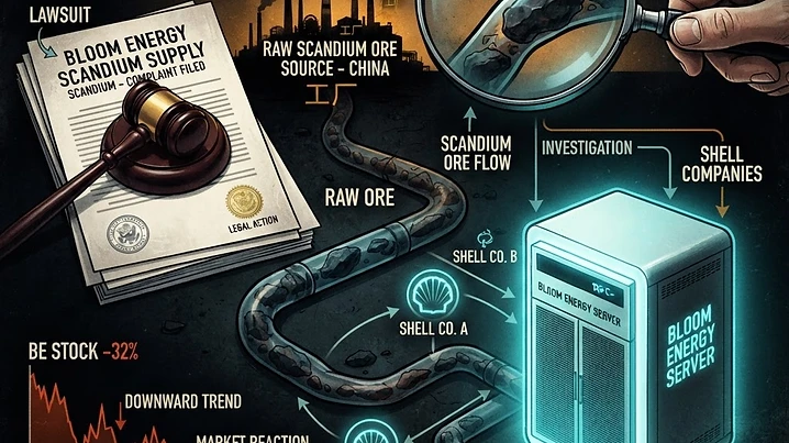 Forensic editorial illustration of a clean energy supply chain scandal: a glowing solid oxide fuel cell Bloom Energy server with a hidden pipeline of raw scandium ore flowing from a shadowy Chinese factory through intermediary shell companies, a magnifying glass revealing the concealed sourcing, a gavel and class action legal document overlay, stock ticker line dropping, dark moody black background with warning amber and terminal cyan accents, high contrast cinematic lighting, investigative financial journalism aesthetic