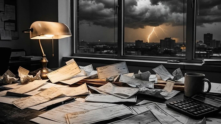 Scattered blank check documents on a dark desk under stormy clouds