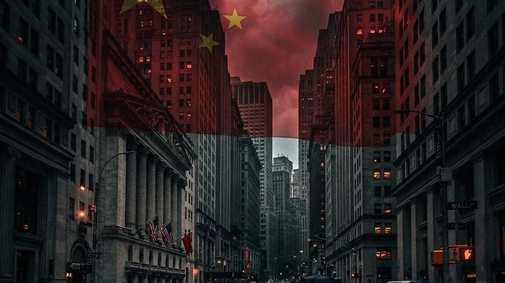 Chinese flag overlaid on Wall Street skyscrapers, dark moody atmosphere