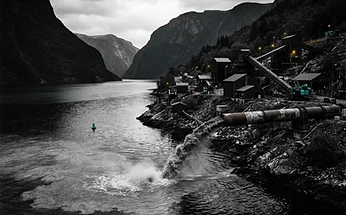 Forensic illustration of a Norwegian fjord mining tailings and regulatory permitting scandal