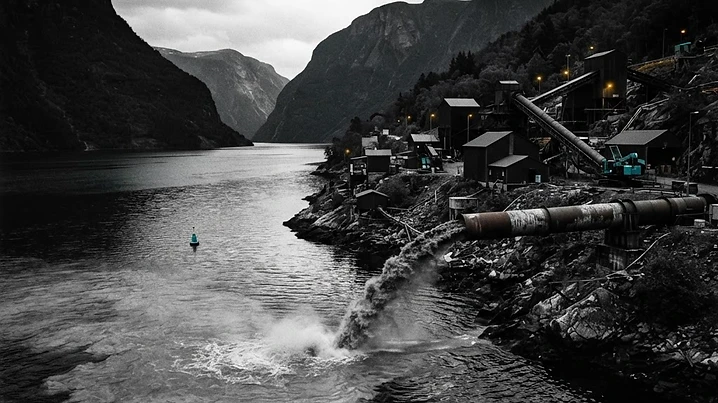 Forensic illustration of a Norwegian fjord mining tailings and regulatory permitting scandal