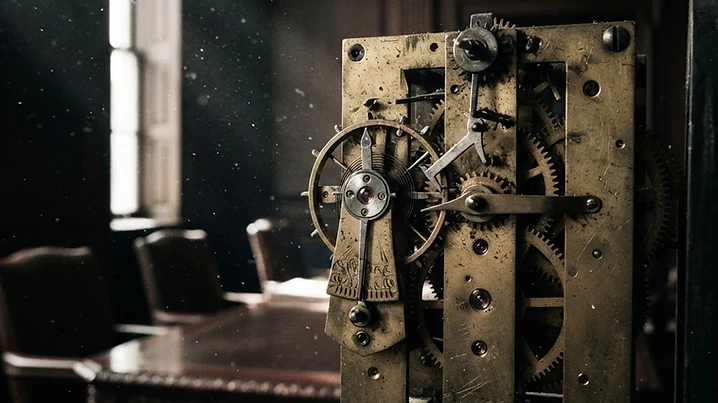 Antique clock mechanism frozen mid-tick in a dark boardroom