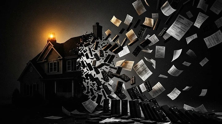Forensic editorial illustration of a suburban house dissolving into falling dominoes and scattered insurance documents, dark moody lighting with amber accent