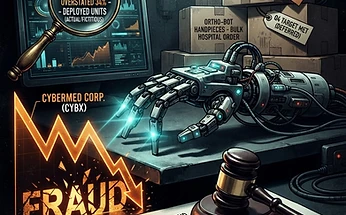 Forensic editorial illustration of a medical robotics securities fraud scandal: a surgical robotic handpiece device with a glowing laser, bulk hospital order boxes stacking up with discount tags pulling revenue forward, a magnifying glass revealing overstated handpiece utilization metrics, a stock chart line plunging down, a gavel and securities fraud class action legal document overlay, dark moody black background with warning amber and terminal cyan accents, high contrast cinematic lighting, investigative financial journalism aesthetic