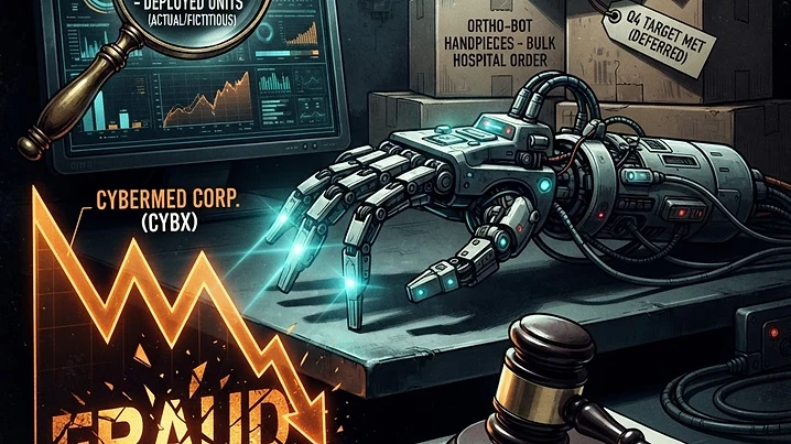 Forensic editorial illustration of a medical robotics securities fraud scandal: a surgical robotic handpiece device with a glowing laser, bulk hospital order boxes stacking up with discount tags pulling revenue forward, a magnifying glass revealing overstated handpiece utilization metrics, a stock chart line plunging down, a gavel and securities fraud class action legal document overlay, dark moody black background with warning amber and terminal cyan accents, high contrast cinematic lighting, investigative financial journalism aesthetic