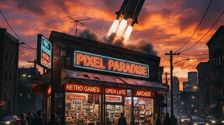 Retro video game store front at dusk with rocket ship silhouette