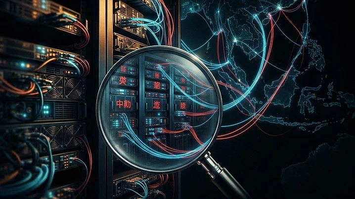 Forensic editorial illustration of a GPU server rack in a data center with a hidden second layer behind it connected by fiber optic cables looping through a map of Southeast Asia, a magnifying glass revealing the hidden layer, dark moody lighting with amber and cyan accents