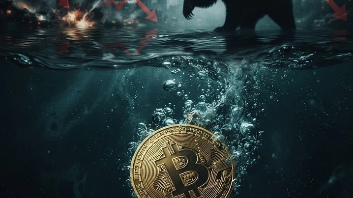 Golden bitcoin coin sinking in dark rippling water, bear silhouette