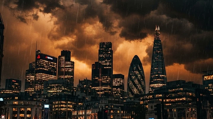 Dark stormy sky over financial district skyline, dramatic orange tones