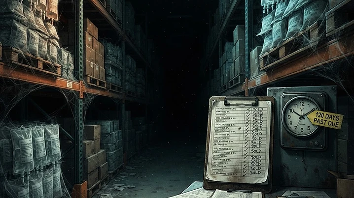 Forensic editorial illustration of a pharmaceutical warehouse stacked floor to ceiling with pallets of IV medication bags collecting dust and cobwebs, a clipboard showing sold checkmarks while inventory sits untouched, a clock showing 120 days past due, dark moody lighting with amber and cyan accents