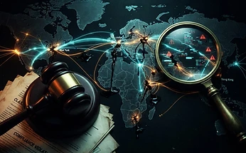 Forensic editorial illustration of a global cross-border payments network as glowing fiber optic lines connecting world map nodes, several nodes cracked and leaking dark liquid representing compliance failures, a gavel and class action document overlaying the network, a magnifying glass revealing hidden gaps, dark moody lighting with amber and cyan accents