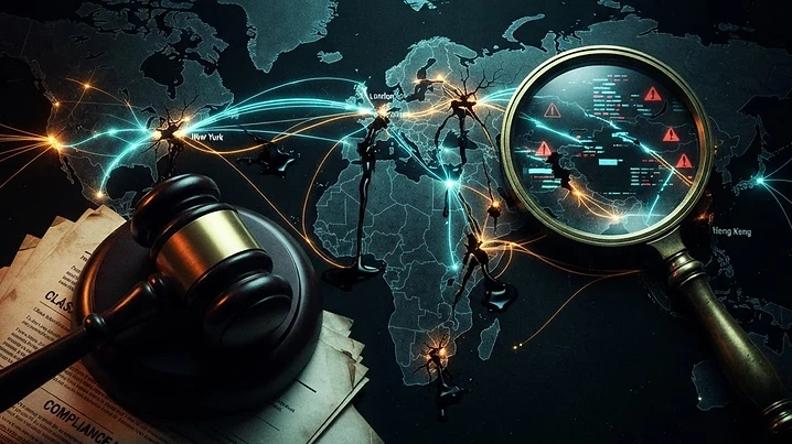 Forensic editorial illustration of a global cross-border payments network as glowing fiber optic lines connecting world map nodes, several nodes cracked and leaking dark liquid representing compliance failures, a gavel and class action document overlaying the network, a magnifying glass revealing hidden gaps, dark moody lighting with amber and cyan accents
