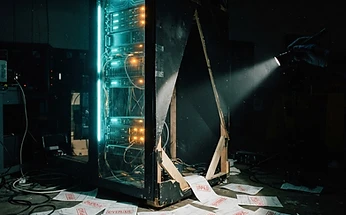 Forensic editorial illustration of a hollow AI data center server rack revealed as a stage prop by a flashlight beam, unpaid invoice papers scattered on the floor, dark moody lighting with amber and cyan accents